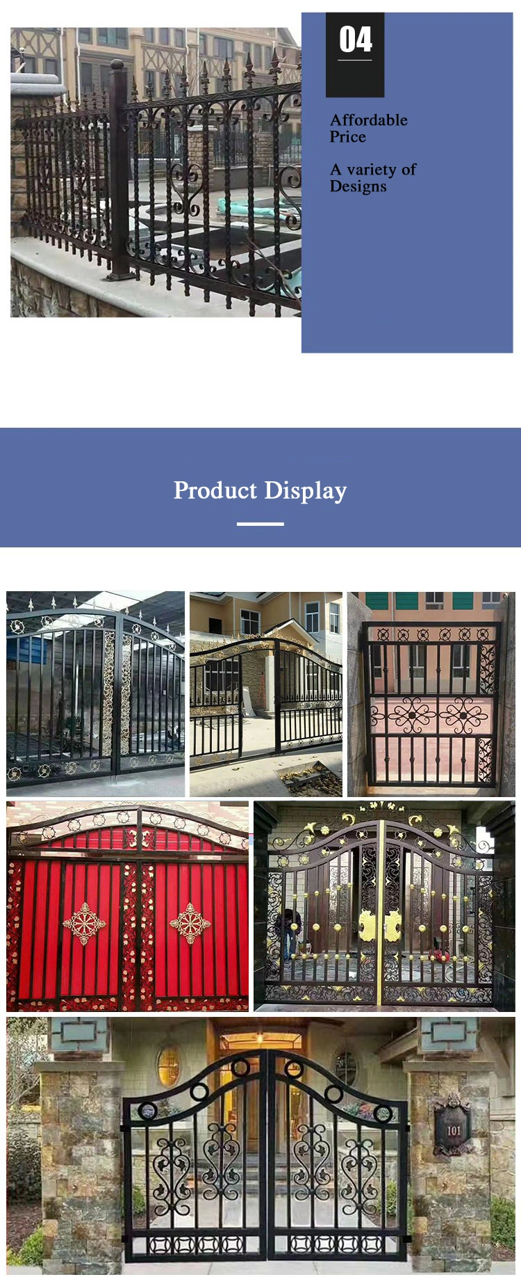 Different Hot Sales Artistic Design Security Steel Wrought Iron Main Driveway Door Fence Gates